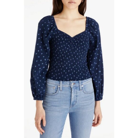 💕MADEWELL💕 Lucille Balloon Sleeve Smocked Top ~ Classic Indigo XL NWT - Picture 2 of 13
